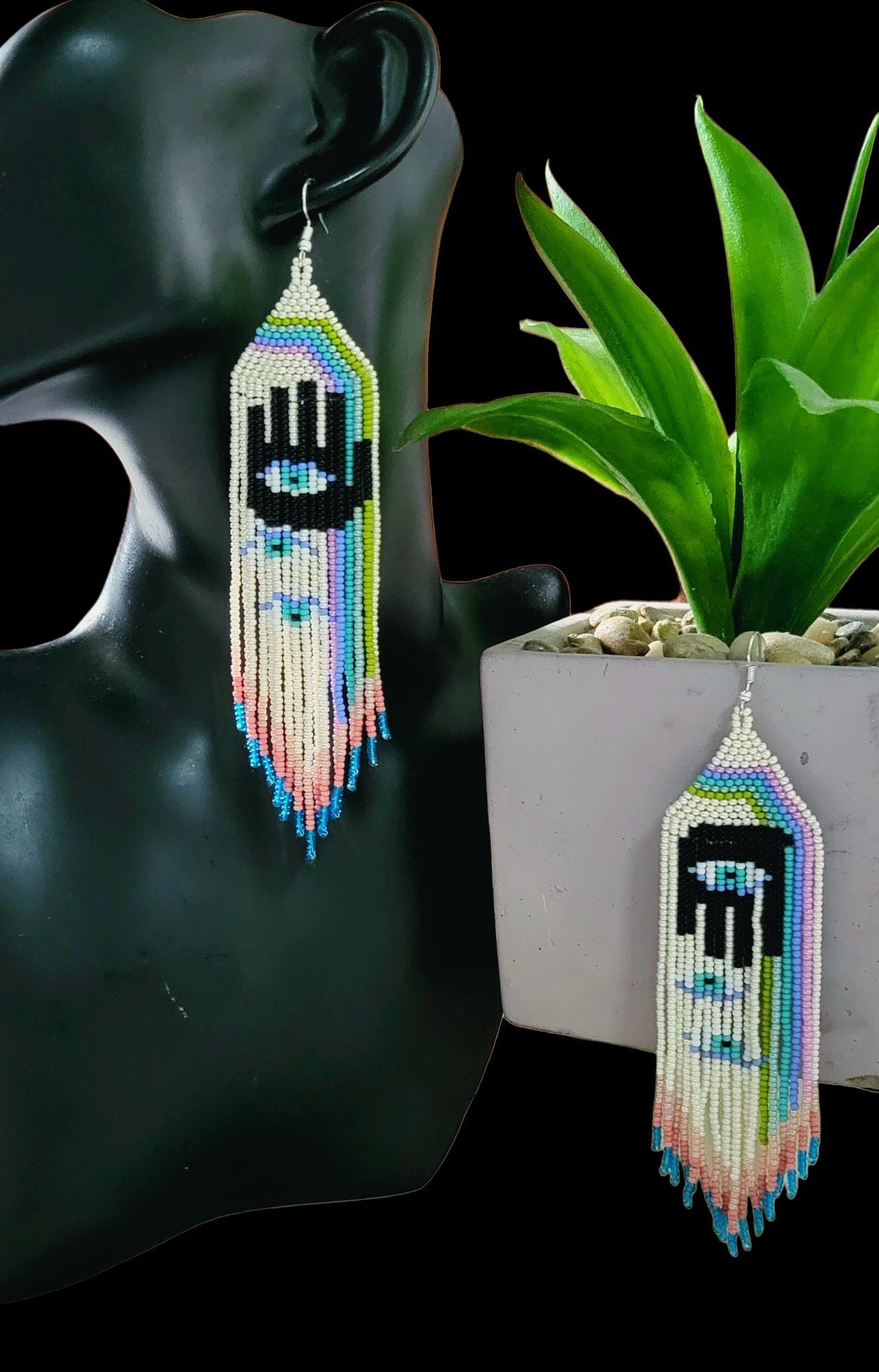 Handmade Hamsa Evil Eye Beaded Earrings: Pastel Rainbow Fringe