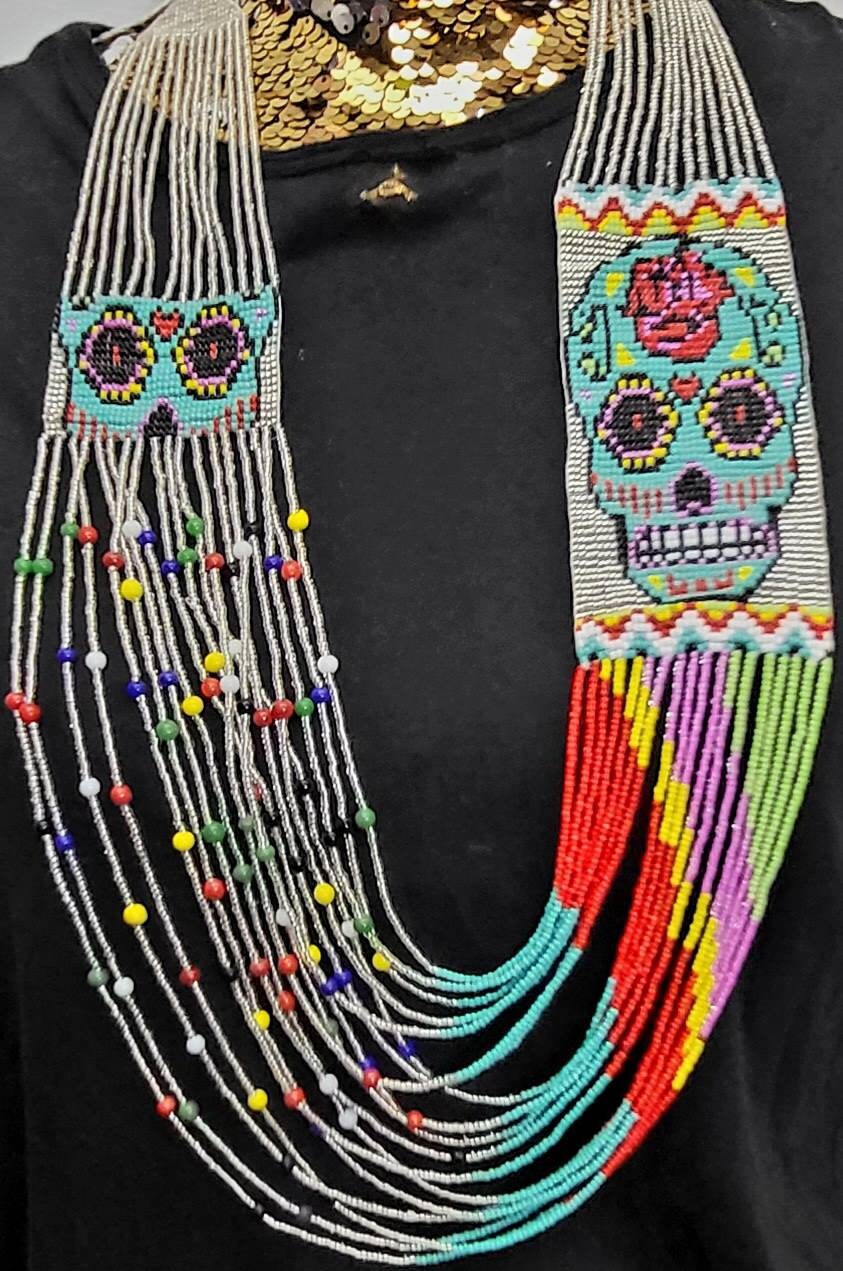 Handmade Seed Bead Skull Necklace: Ethnic Beaded Jewelry