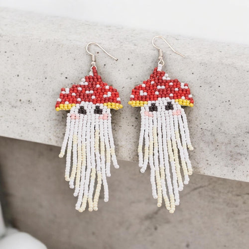 Beaded Mushroom Earrings: Red Toadstool Fringe Dangle