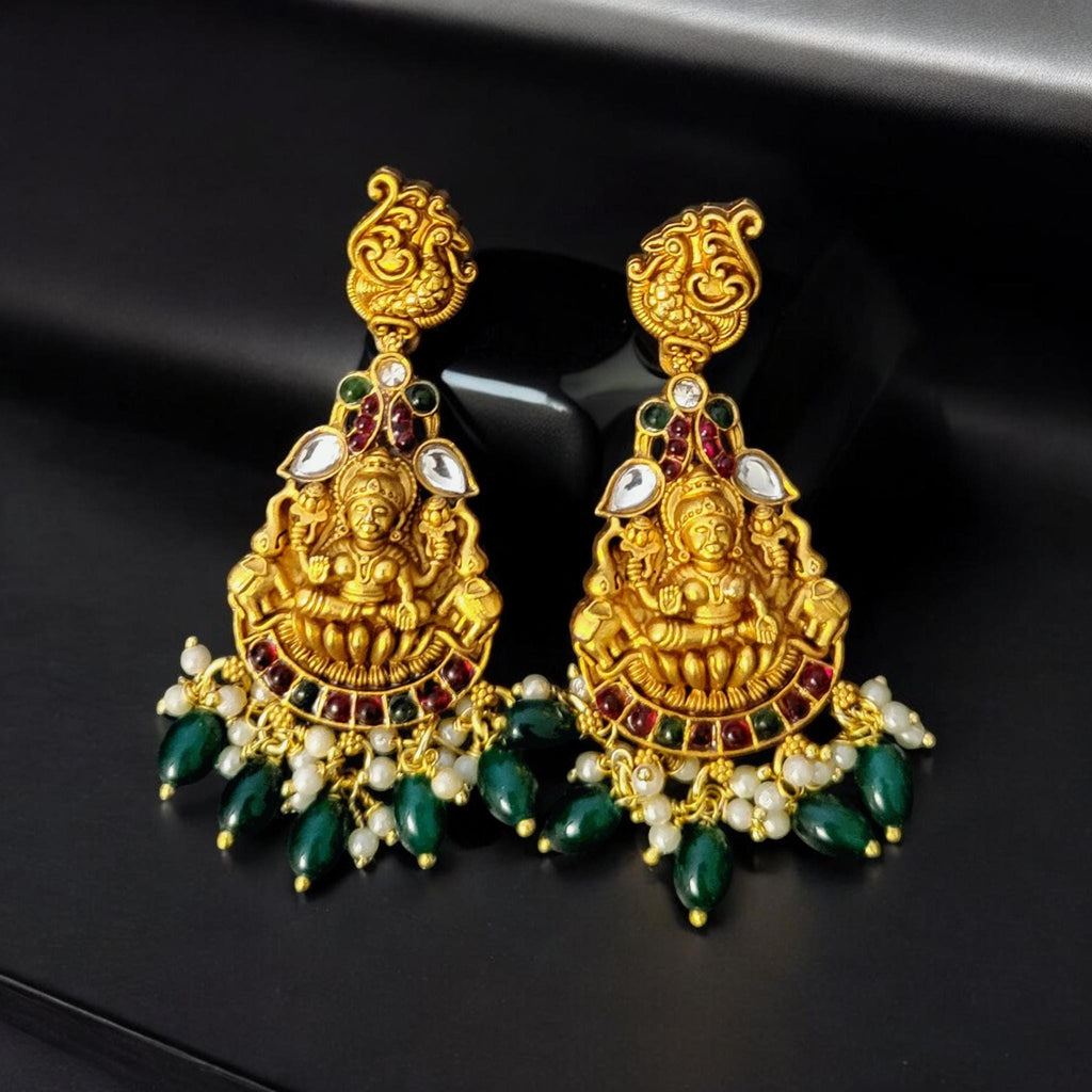 Gold Laxmi Temple Earrings: Kundan, Crystal Pearls & Green Beads