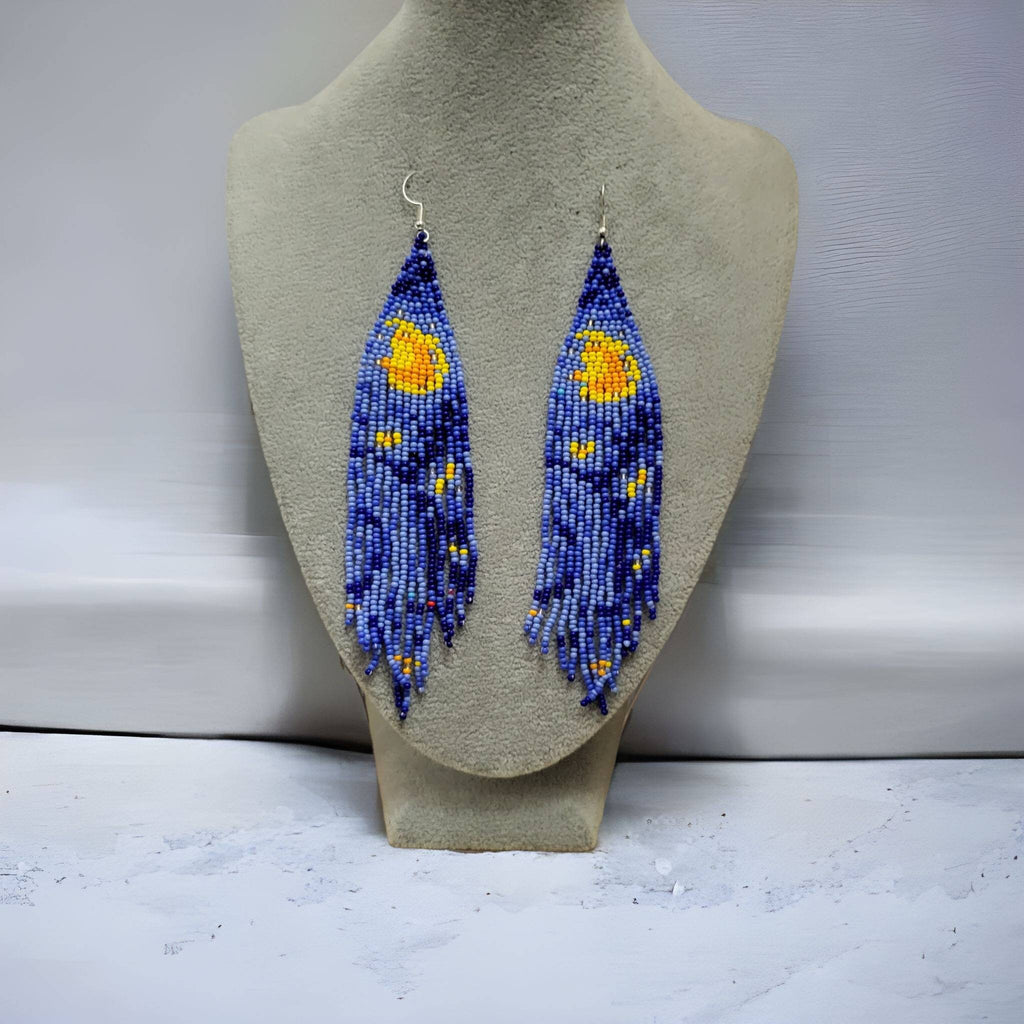 Long Fringe Earrings, Handmade Beaded Earring, Crecent Earrings,
