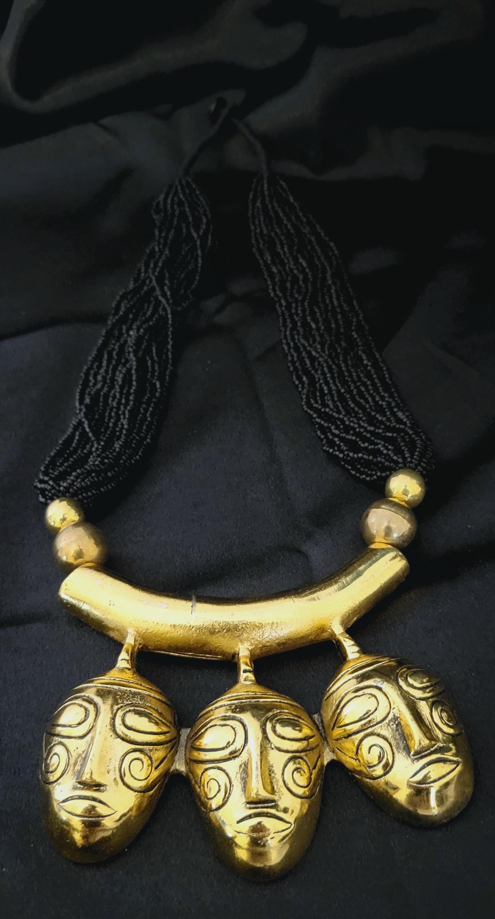 Handcrafted African Mask Necklace: Gold-Tone Ethnic Choker
