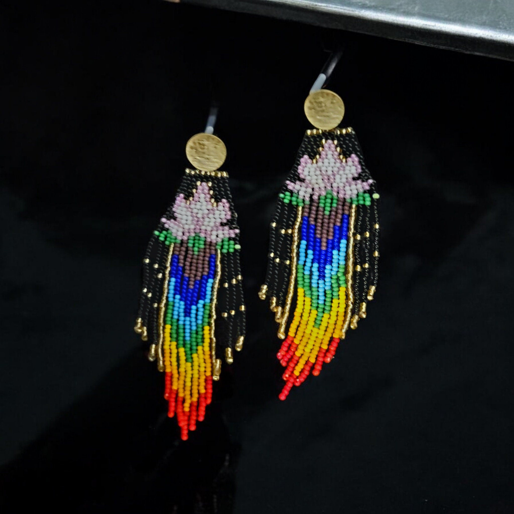 HANDMADE BEADED EARRING, Lotous design, Spirtual, Indian pattern,Fringe Earrings