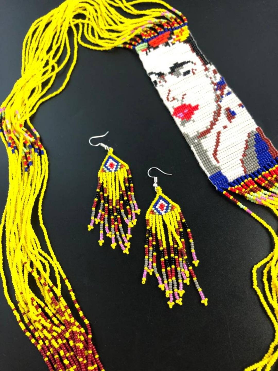 Handmade Frida Kahlo Beaded Necklace & Earring Set: Mexican Jewelry