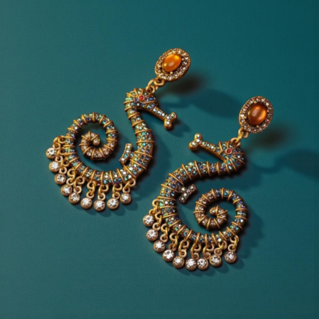 Vintage Style Seahorse Drop Earrings – Ornate Gold Nautical Jewelry with Pavé Crystals and Amber Accents – Bohemian Sea Life Statement Earri