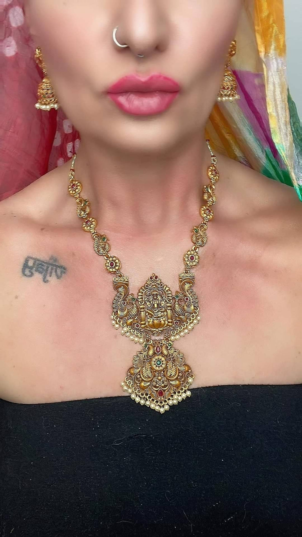 Gold Plated Laxmi Necklace Set: Brass Hindu Goddess Jewelry