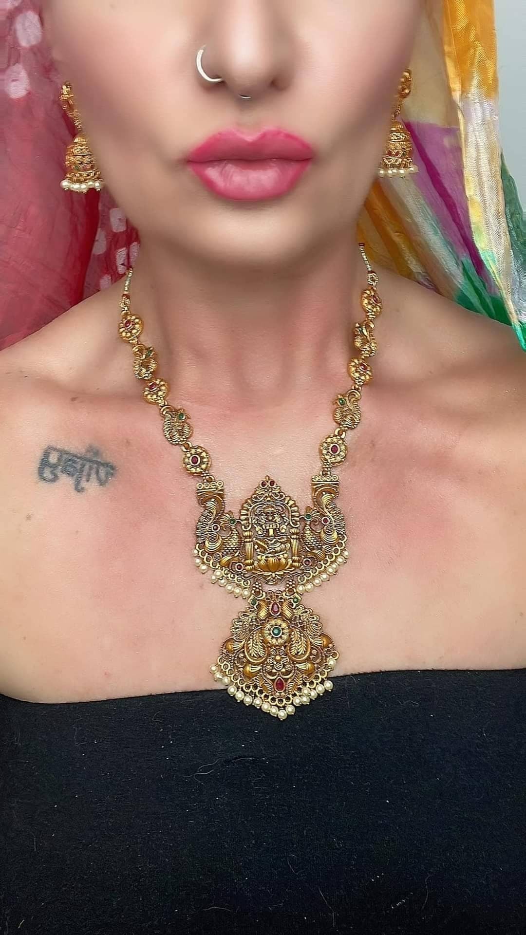 Gold Plated Laxmi Necklace Set: Brass Hindu Goddess Jewelry