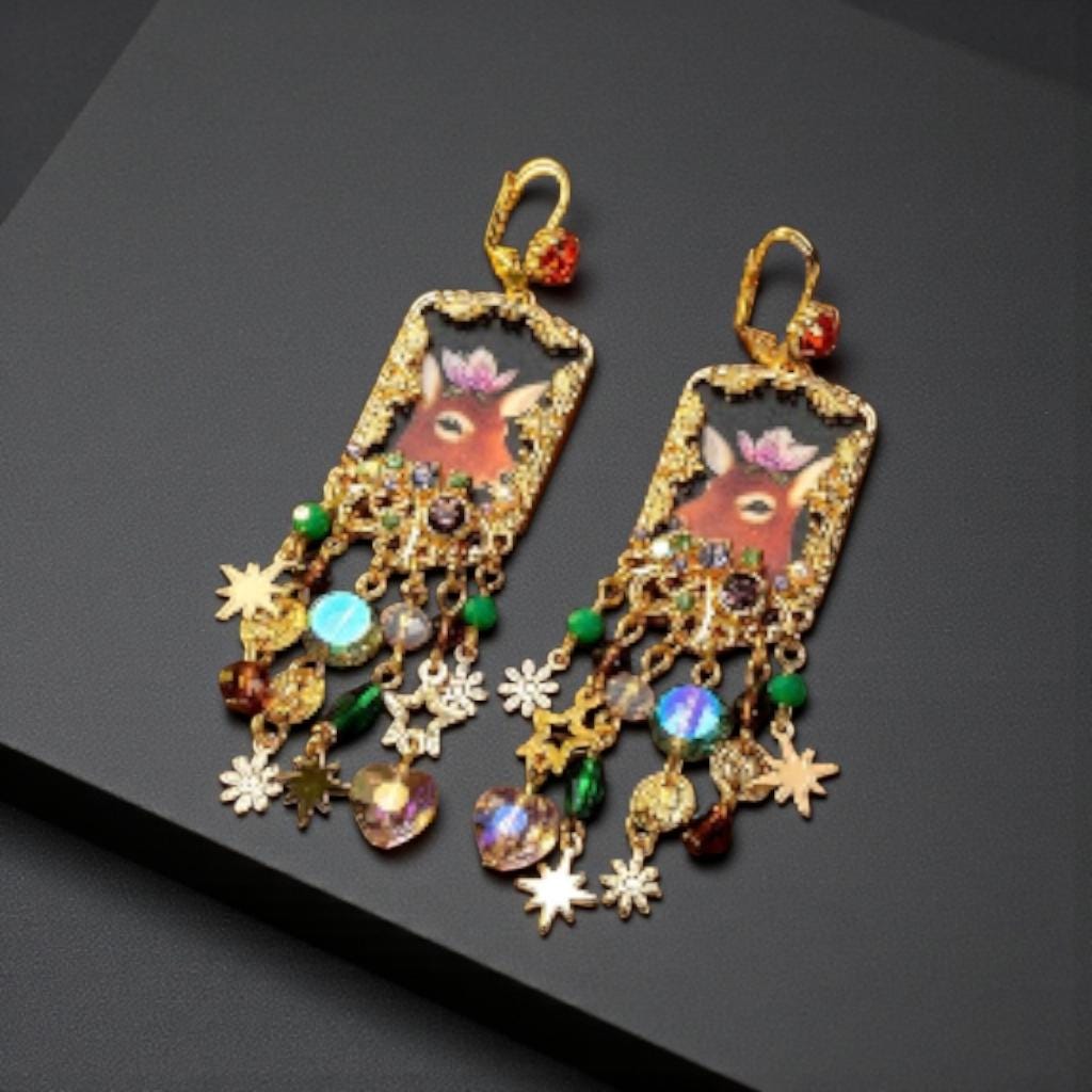 Whimsical Deer Portrait Drop Earrings – Maximalist Gold Chandelier Earrings with Floral Fawn, Crystals, and Celestial Charms – Statement Boh