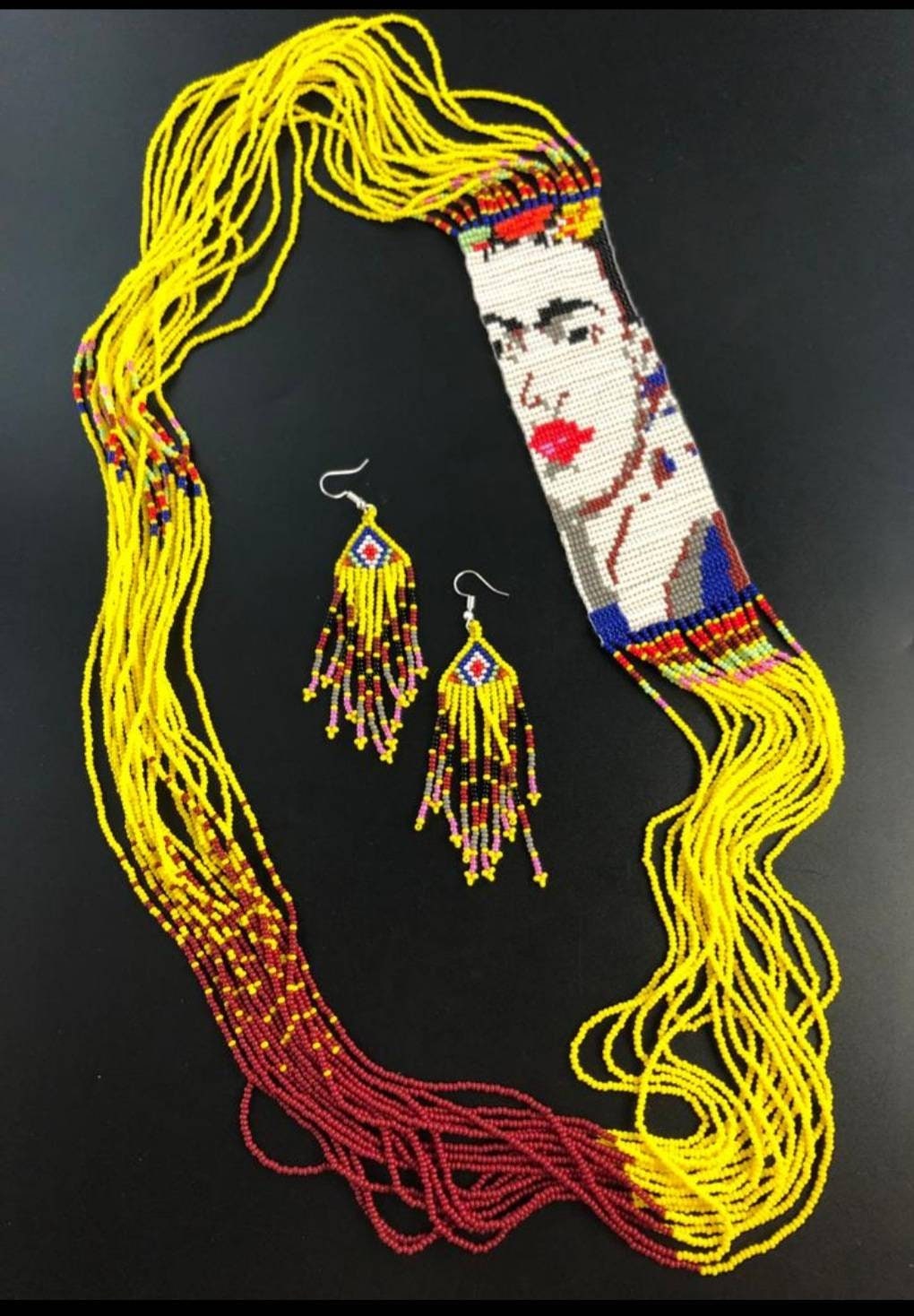Handmade Frida Kahlo Beaded Necklace & Earring Set: Mexican Jewelry