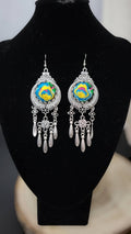 Miao Silver Dangle Earrings: Embroidered Flower, Ethnic Boho