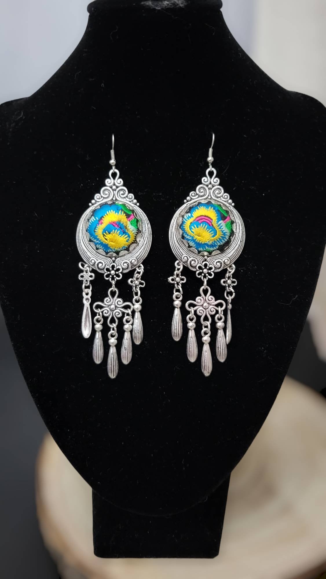 Miao Silver Dangle Earrings: Embroidered Flower, Ethnic Boho
