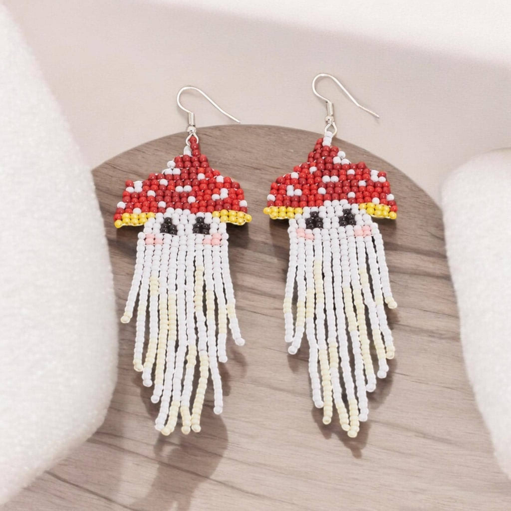 Beaded Mushroom Earrings: Red Toadstool Fringe Dangle