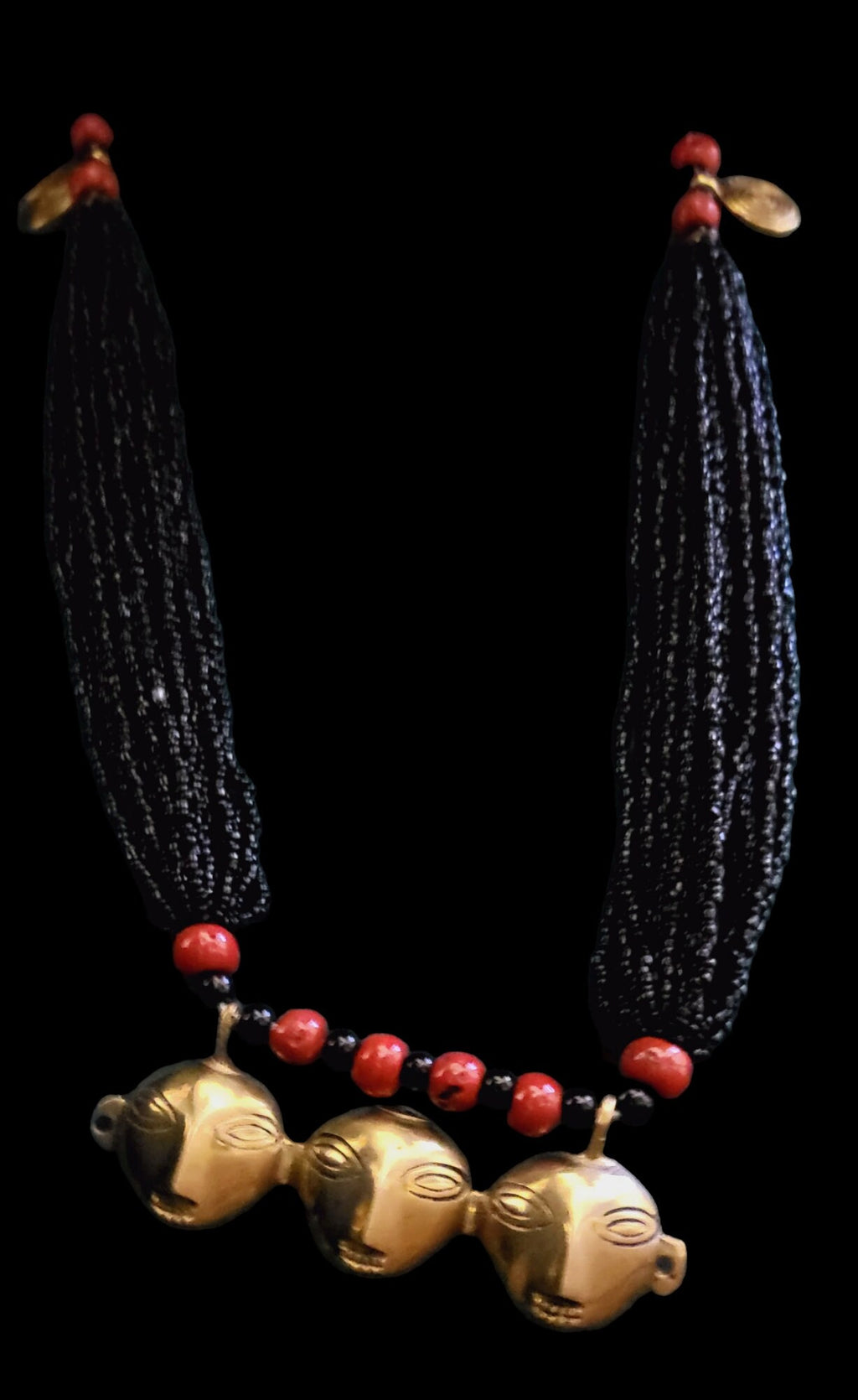 Tribal Mask Pendant Necklace: Bronze Bells, Coral Beads, Ethnic Jewelry