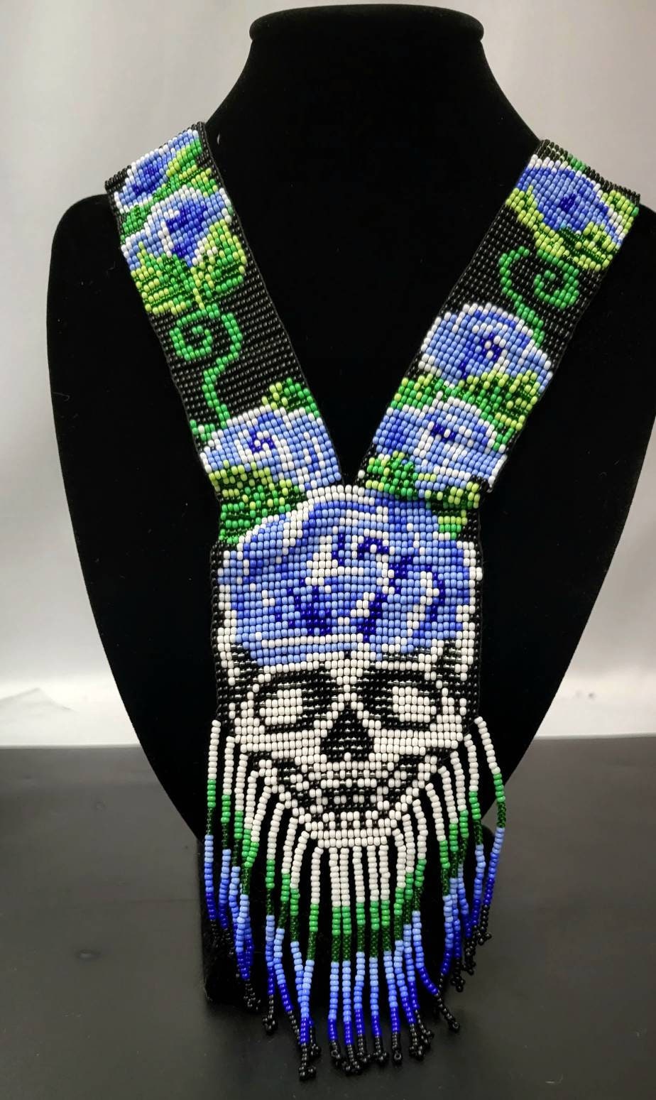 Handmade Seed Bead Skull Necklace: Ethnic Rose Design