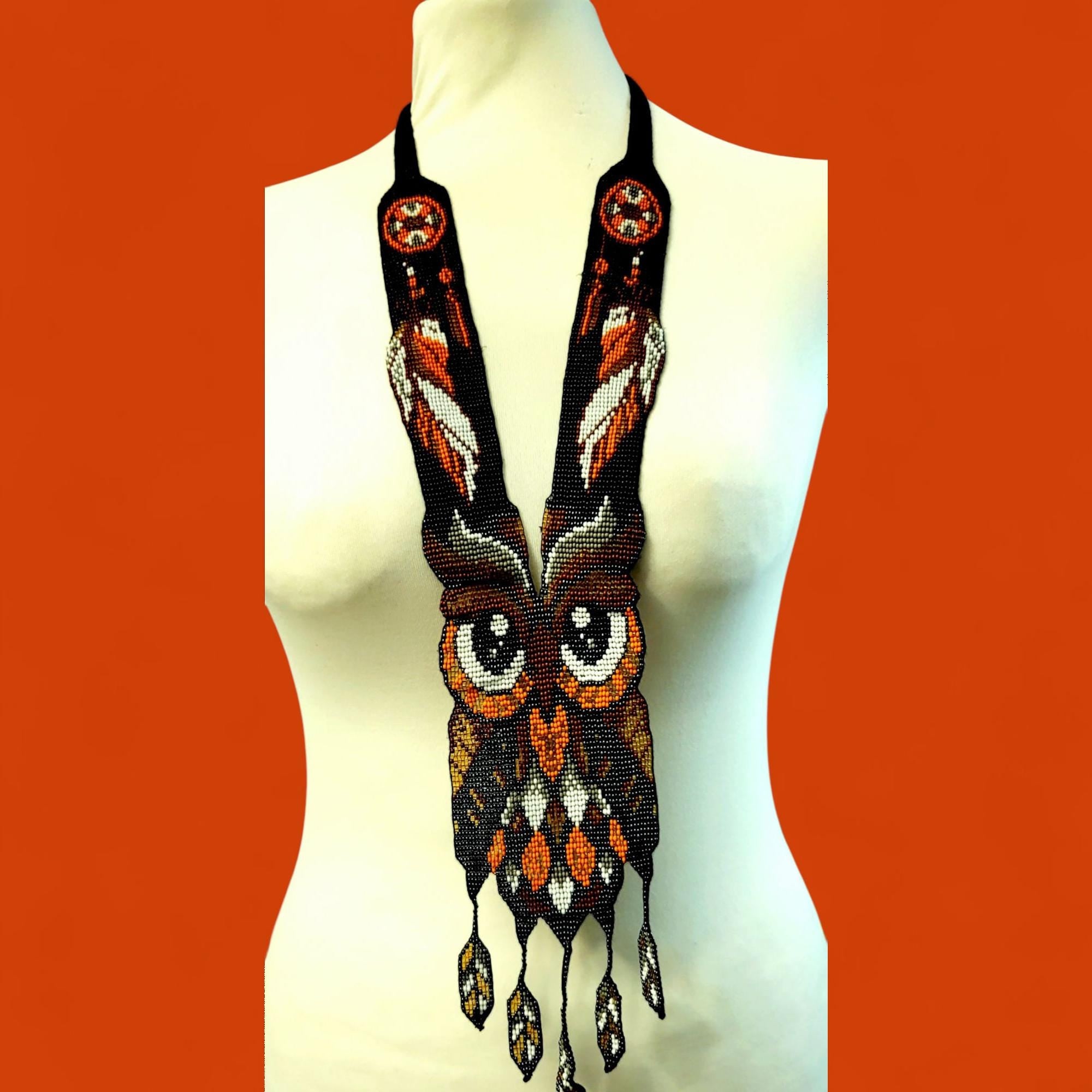 Handmade Beaded Owl Necklace: Long Statement Jewelry