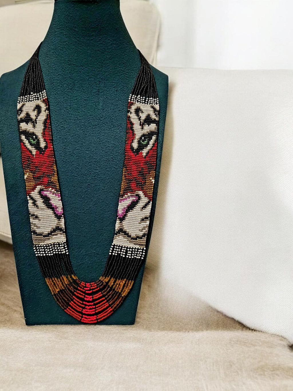 Handmade Lion Beaded Necklace: Ethnic Woven Seed Bead Pendant