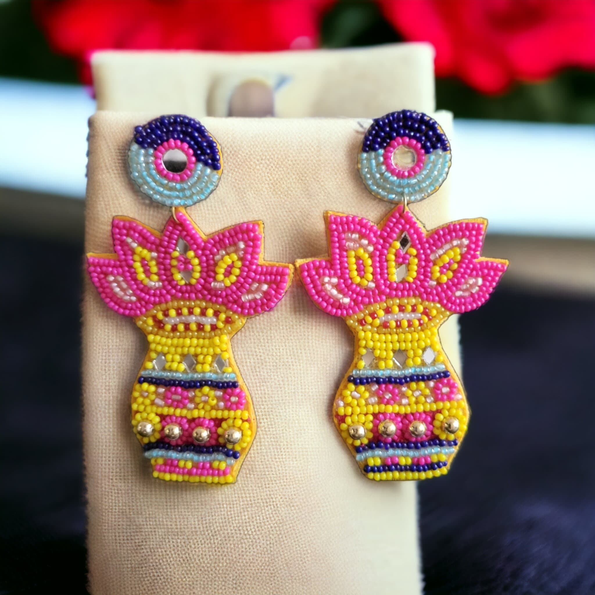 Colorful Beaded Flower Pot Earrings - Handcrafted Statement Jewelry