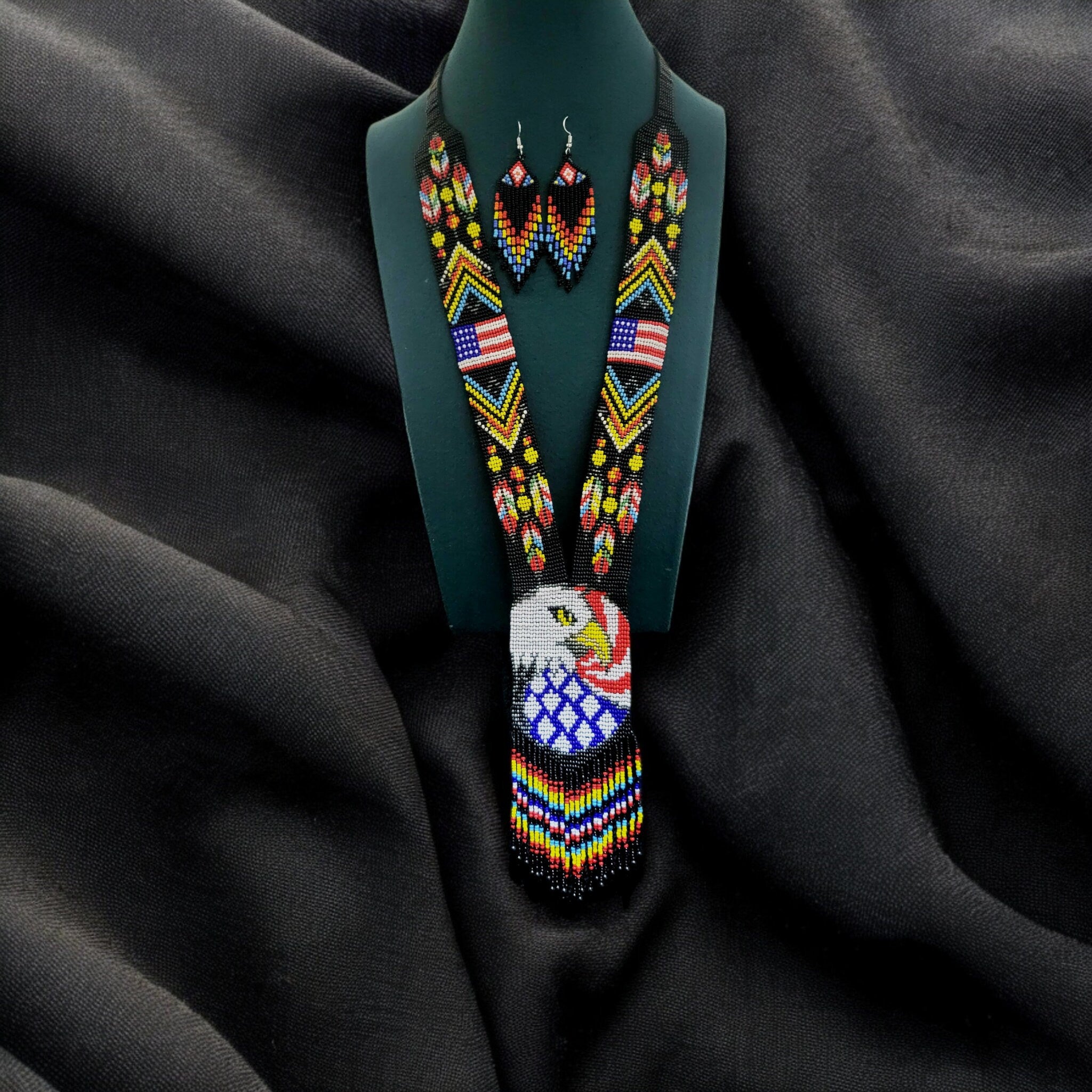 Handmade Beaded Loom Necklace: American Flag with Majestic Eagle