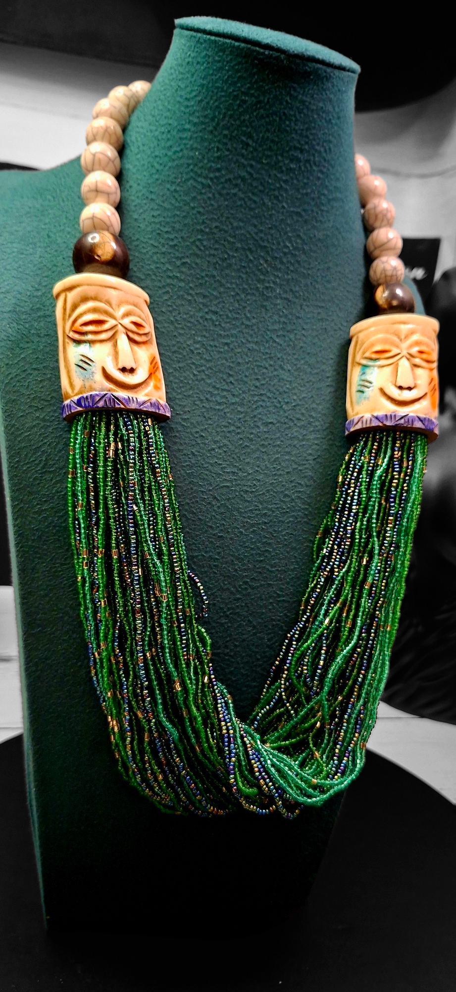Handmade Nepali Tribal Bone Mask Beaded Necklace - Unique Ethnic Statement Jewelry