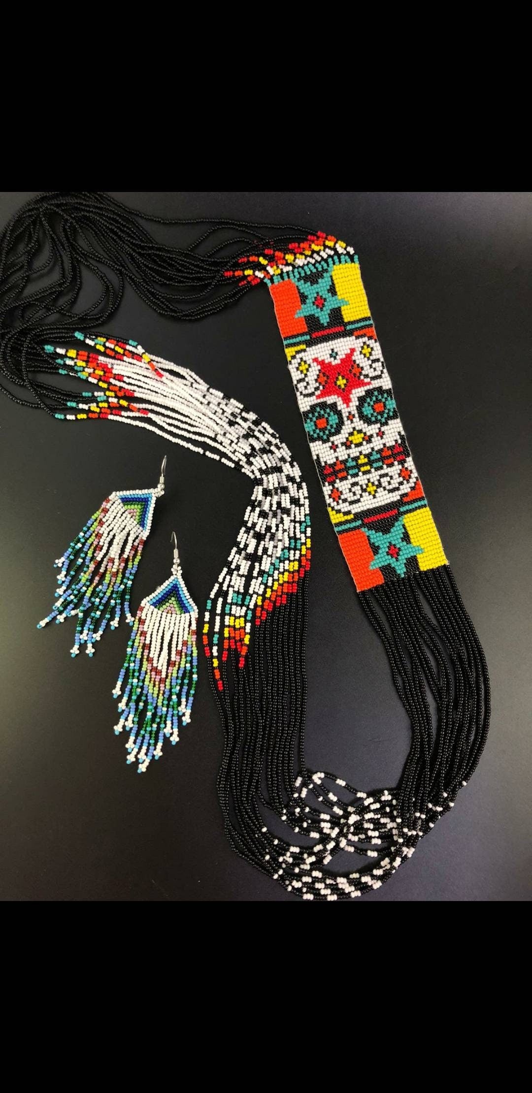 Handmade Seed Bead Sugar Skull Necklace & Earrings Set