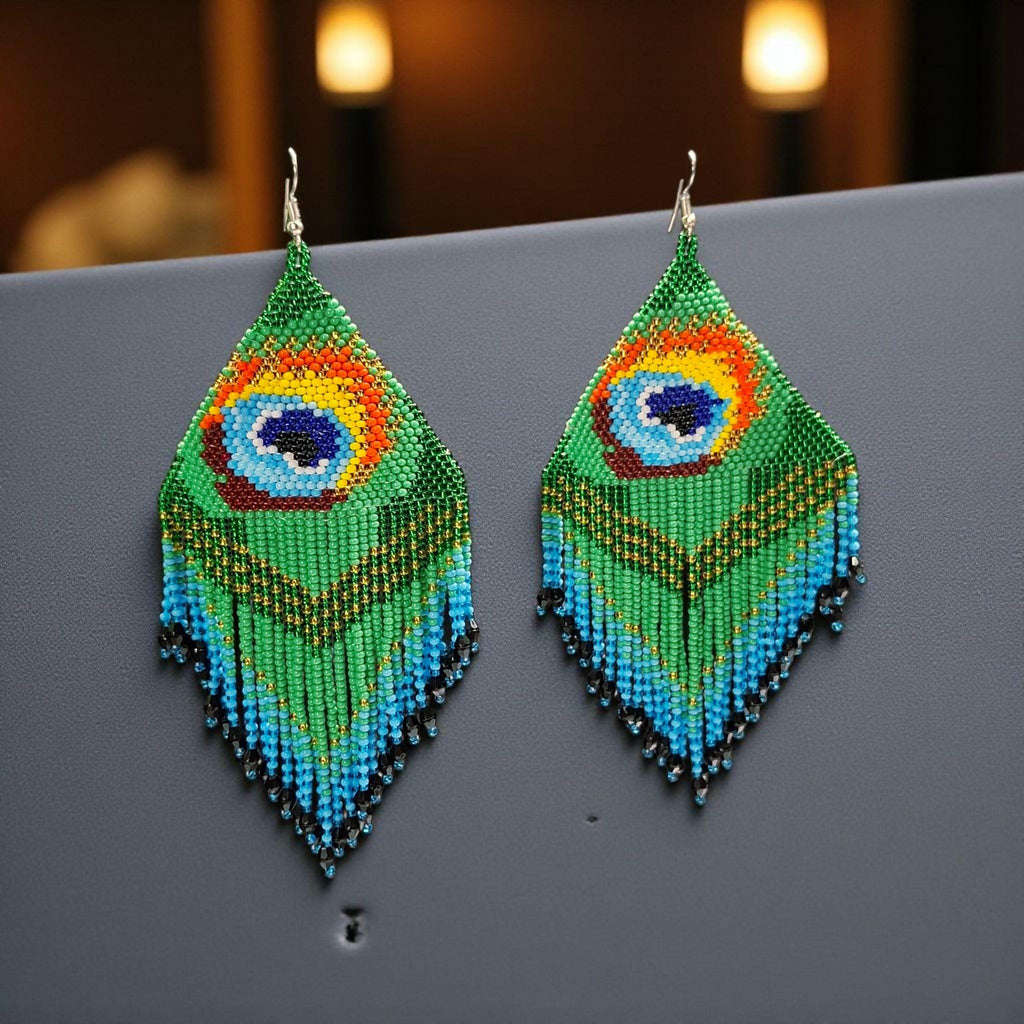 Vibrant Beaded Peacock Feather Earrings | Handwoven Green Fringe Dangle Earrings | Statement Seed Bead Jewelry Gift