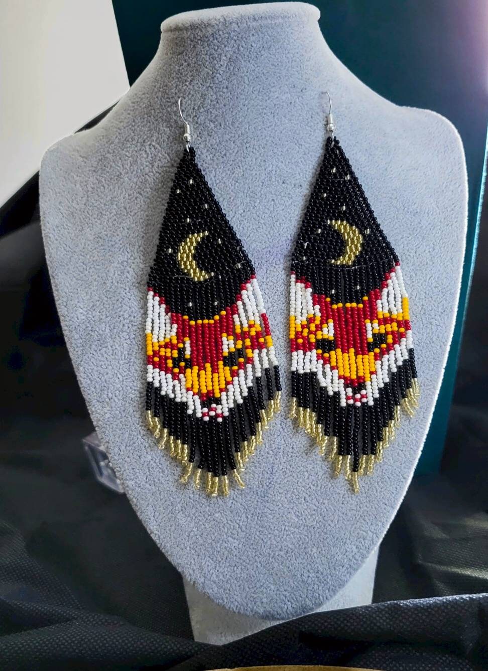 Red Fox Beaded Fringe Earrings: Long Sterling Silver 925