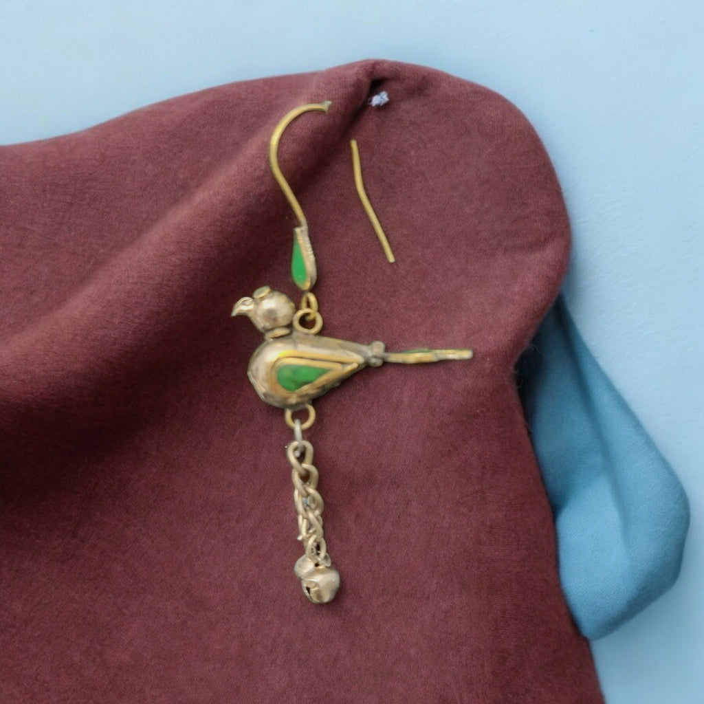 Vintage Parrot Dangle Earrings with Green Enamel Accents, 8 cm