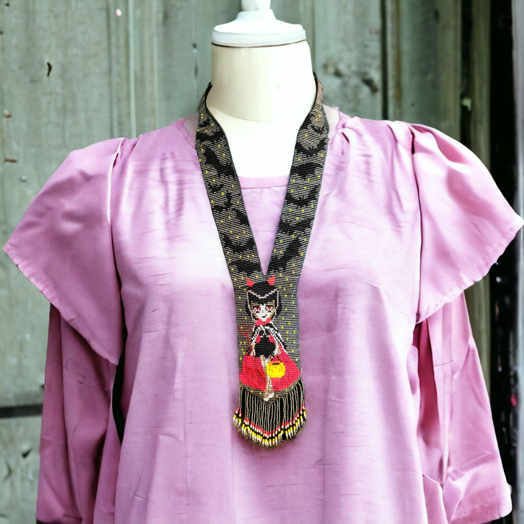 Handmade Beaded Halloween Necklace: Bat & Costume Girl Motif