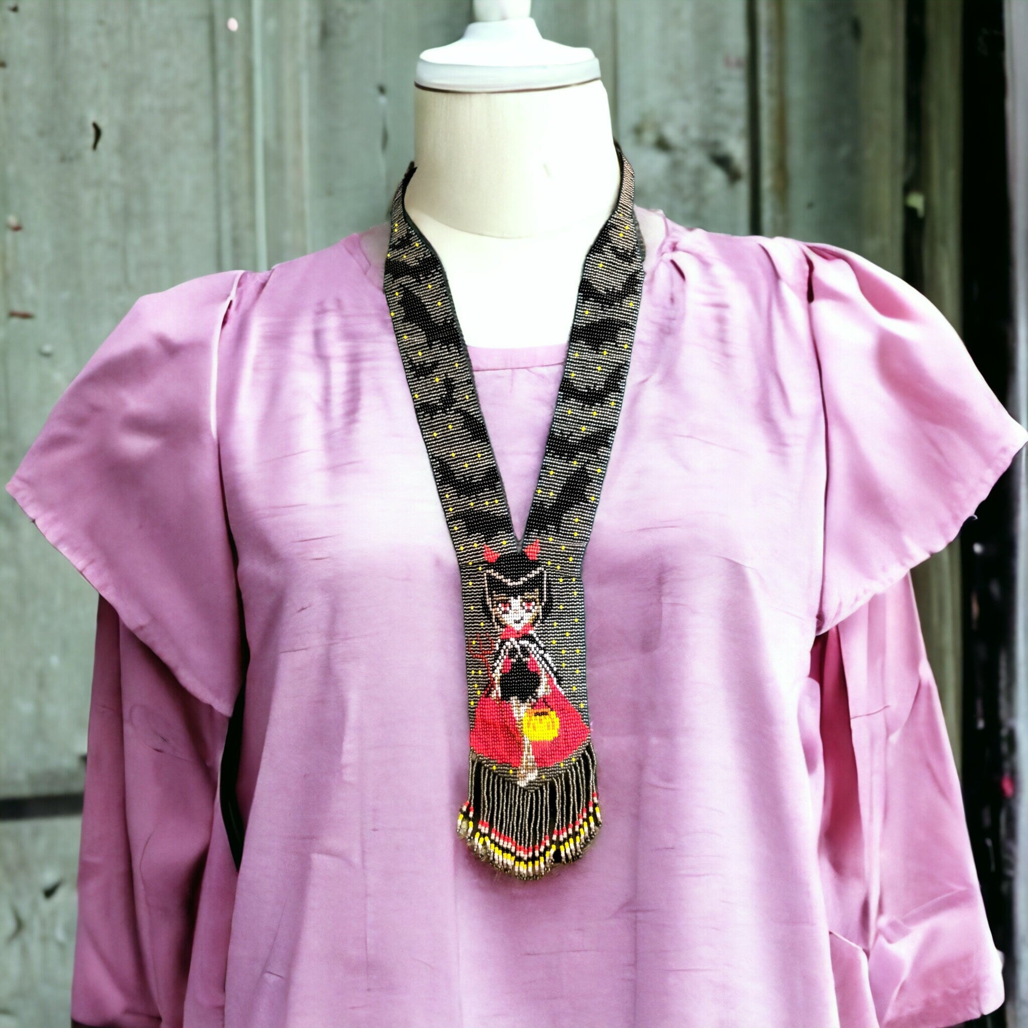 Handmade Beaded Halloween Necklace: Bat & Costume Girl Motif