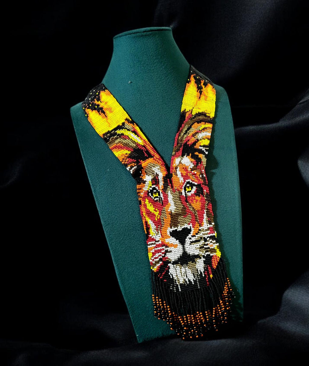 Handmade Beaded Lion Necklace: Ethnic Woven Seed Bead Pendant