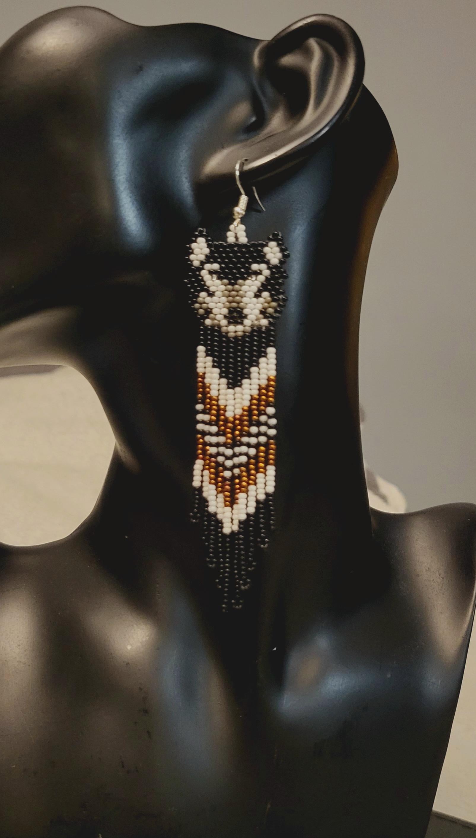 Handmade Beaded Wolf Earrings: Long Fringe Earrings