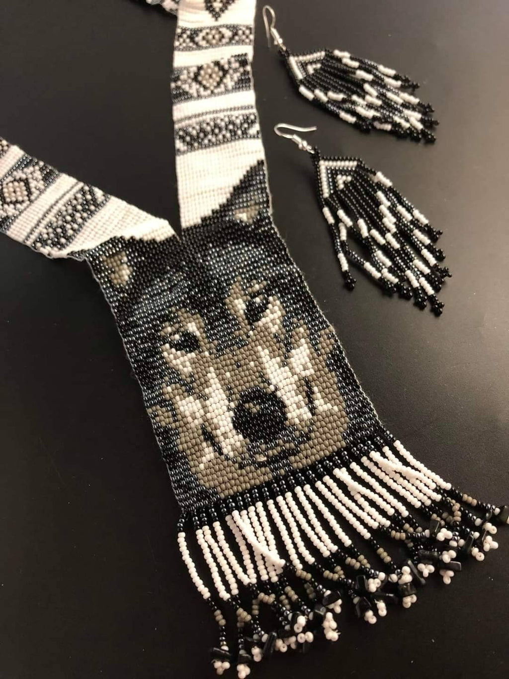 Handmade Beaded Wolf Necklace & Earrings: Boho Animal Lover Jewelry