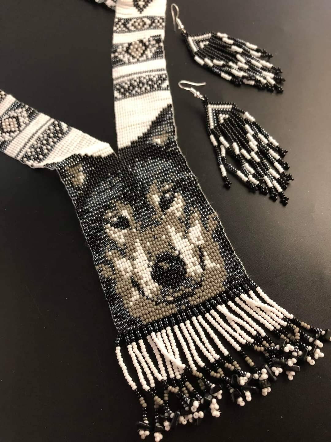 Handmade Beaded Wolf Necklace & Earrings: Boho Animal Lover Jewelry