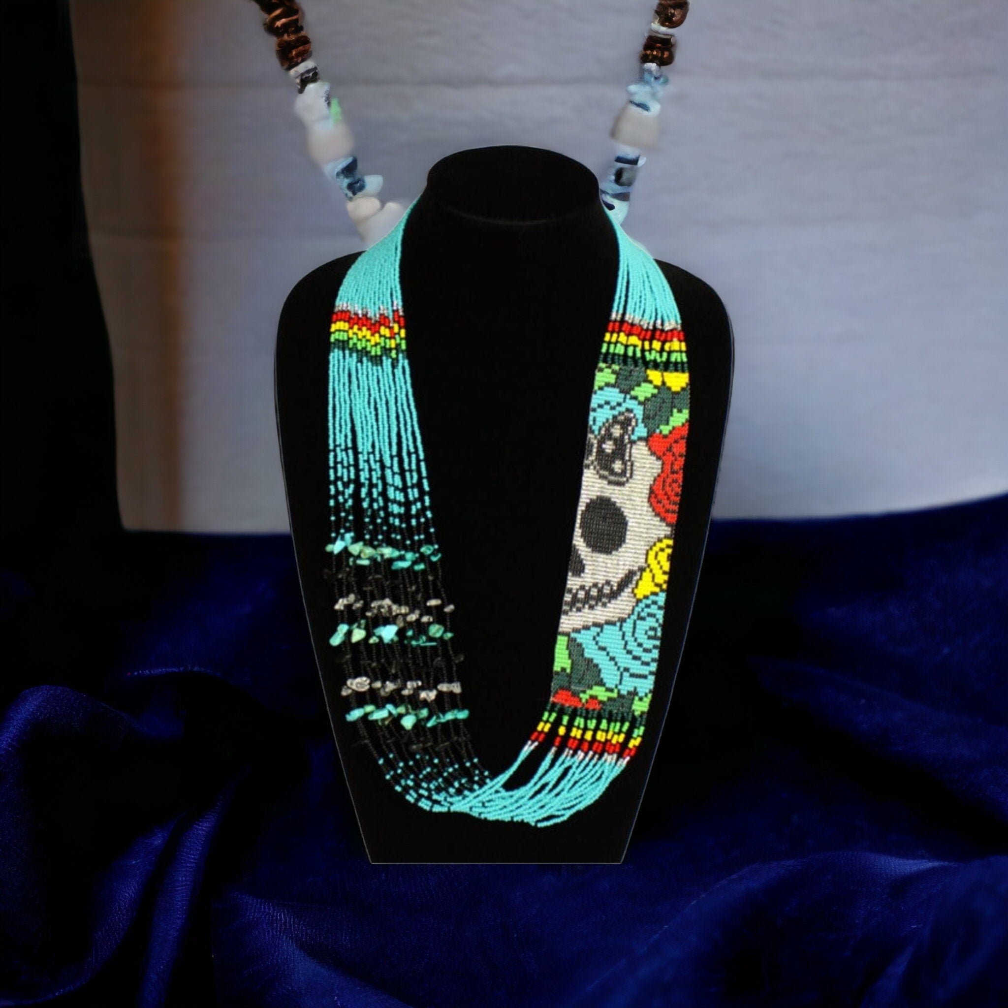 Handmade Seed Bead Sugar Skull Necklace with Earrings