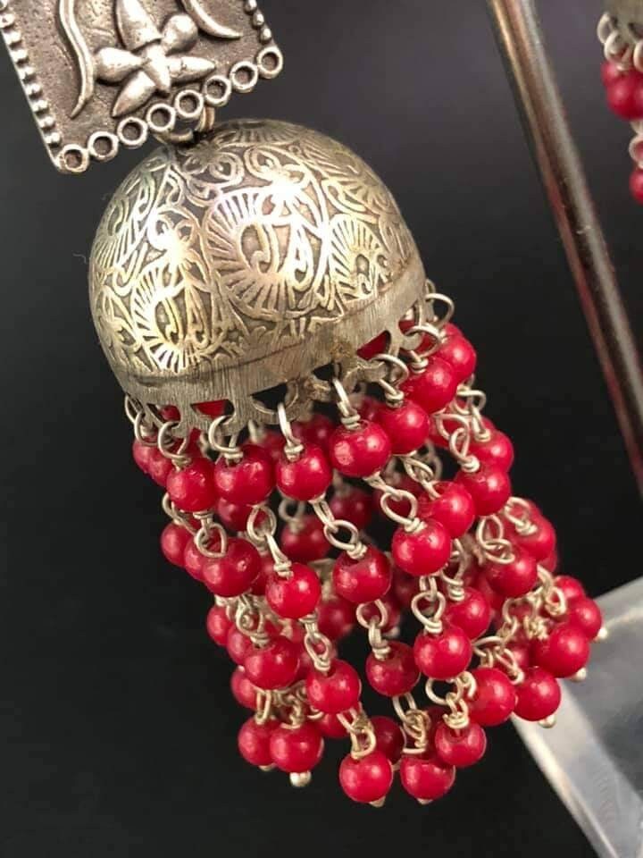 Oxidized Jhumki Earrings: Silver Look, Red Bead Tassels