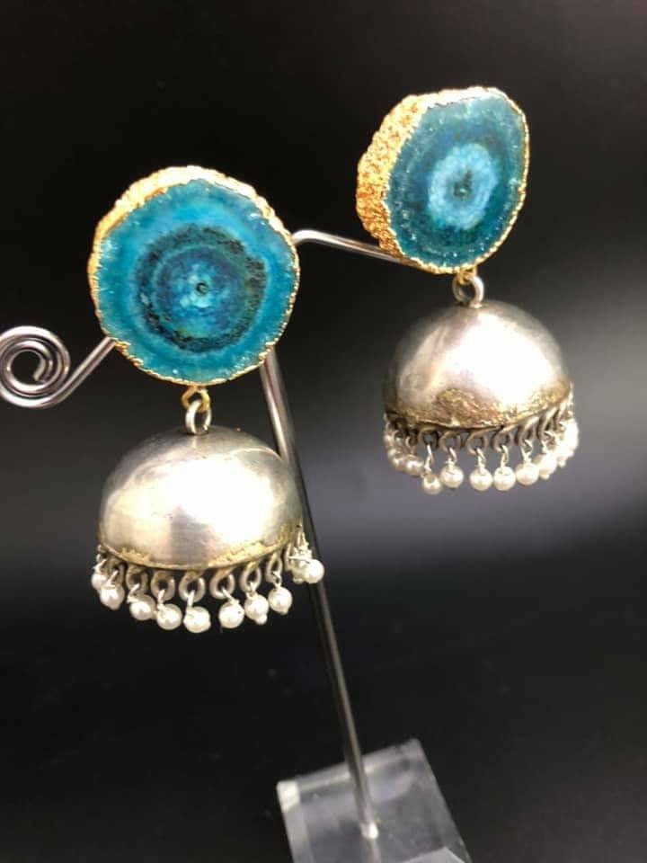 Srebrne kolczyki Jhumki: Kamień Turkusowy Druzy, Indyjska Biżuteria Boho
