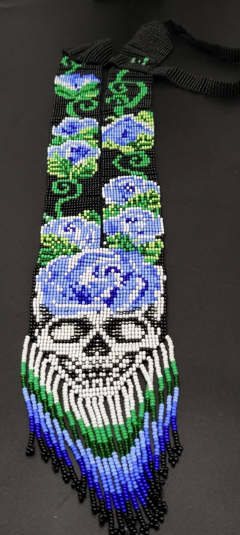 Handmade Seed Bead Skull Necklace: Ethnic Rose Design