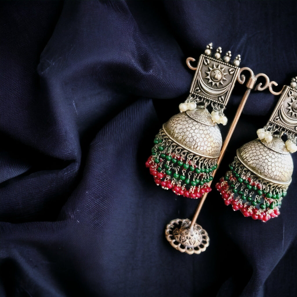 Handmade Indian Jhumka Earrings: Sun Motif, Crystal Beads