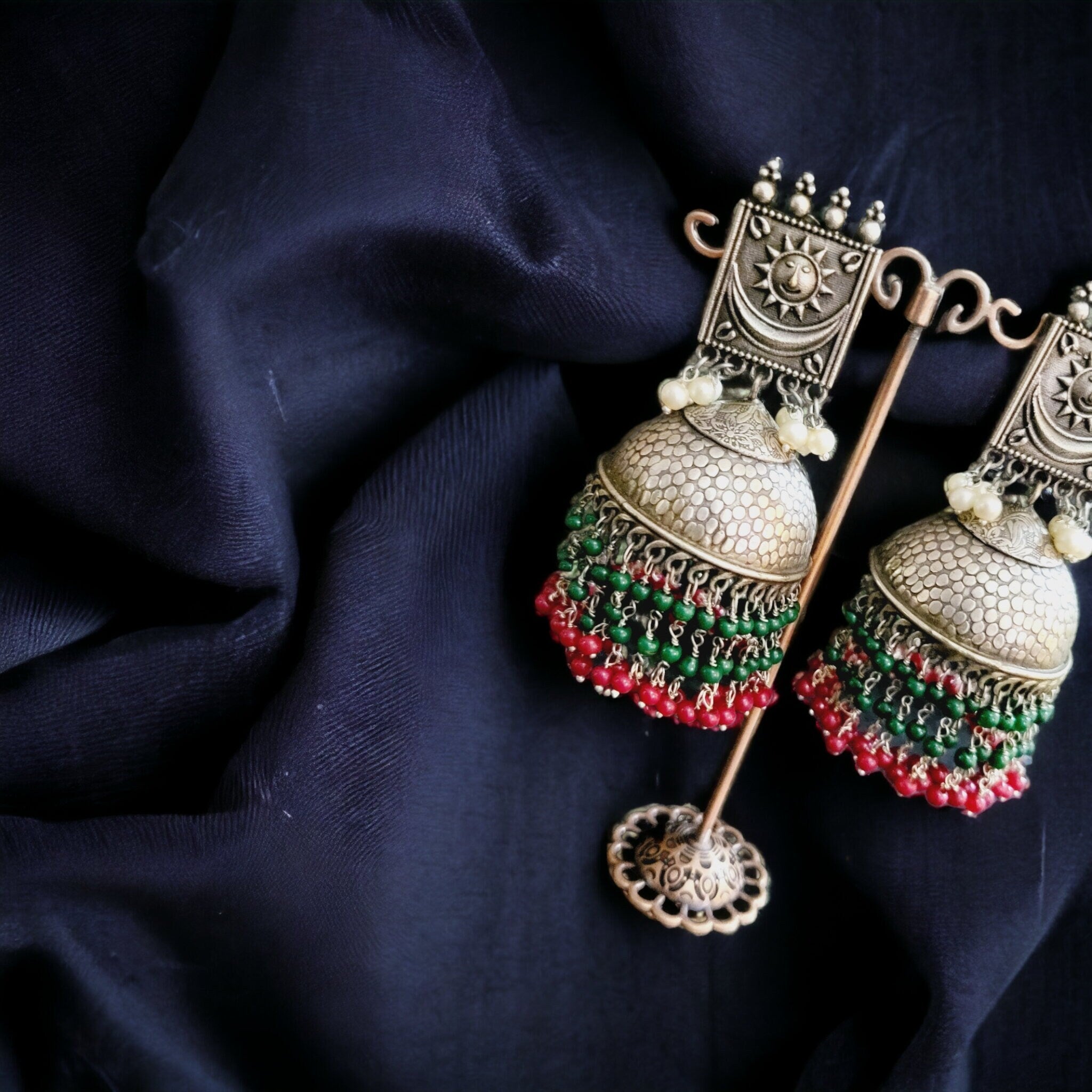 Handmade Indian Jhumka Earrings: Sun Motif, Crystal Beads