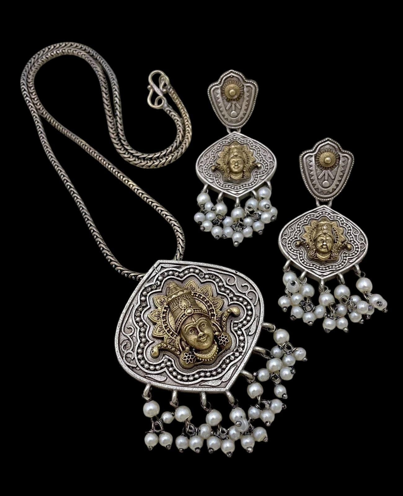 Handcrafted Brass Temple Jewelry Set: Indian Necklace & Pearl Earrings