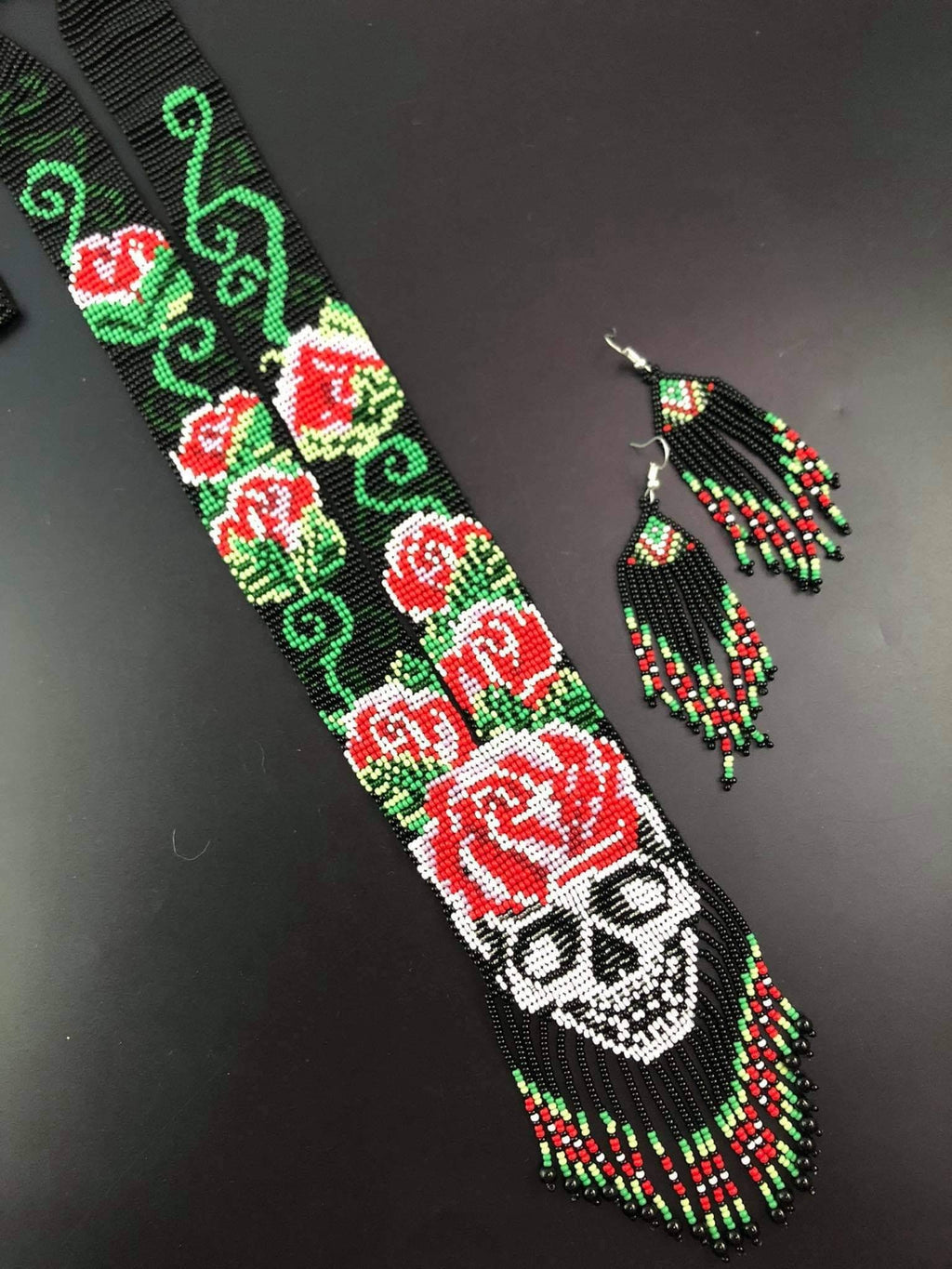 Handmade Seed Bead Skull Necklace: Ethnic Sugar Skull Jewelry
