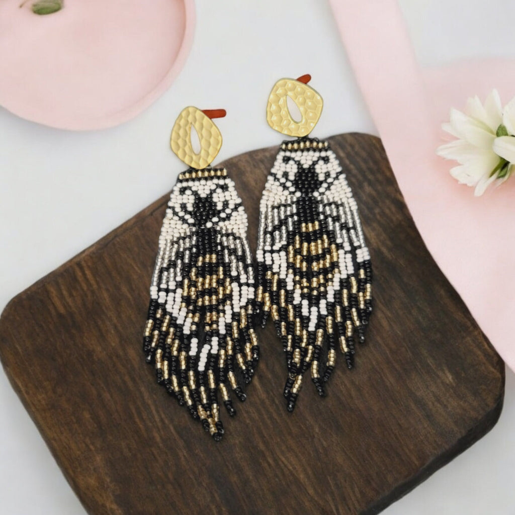 Beaded Bee Dangle Earrings: Seed Bead Statement Jewelry