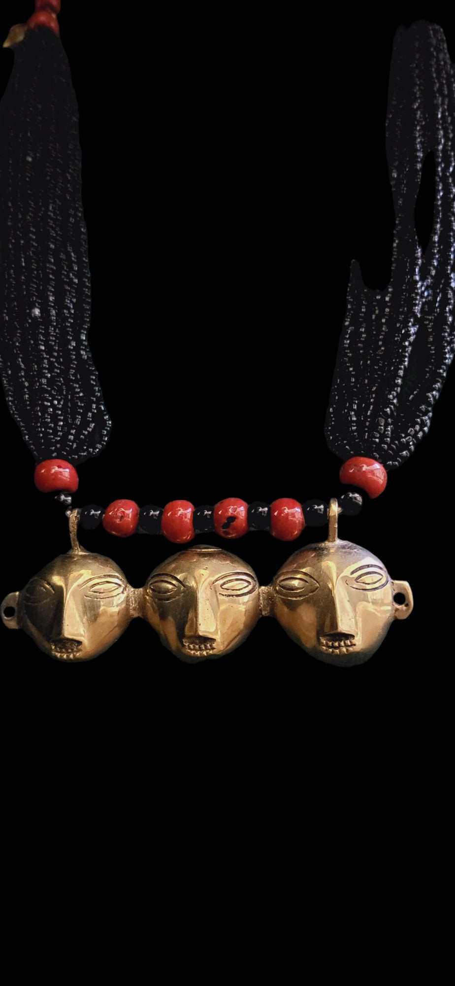 Tribal Mask Pendant Necklace: Bronze Bells, Coral Beads, Ethnic Jewelry