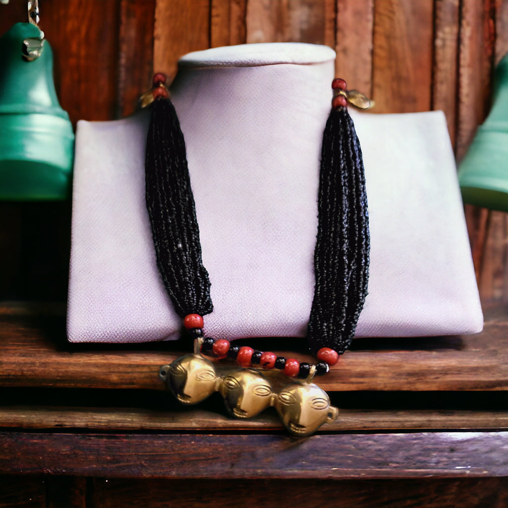 Tribal Mask Pendant Necklace: Bronze Bells, Coral Beads, Ethnic Jewelry