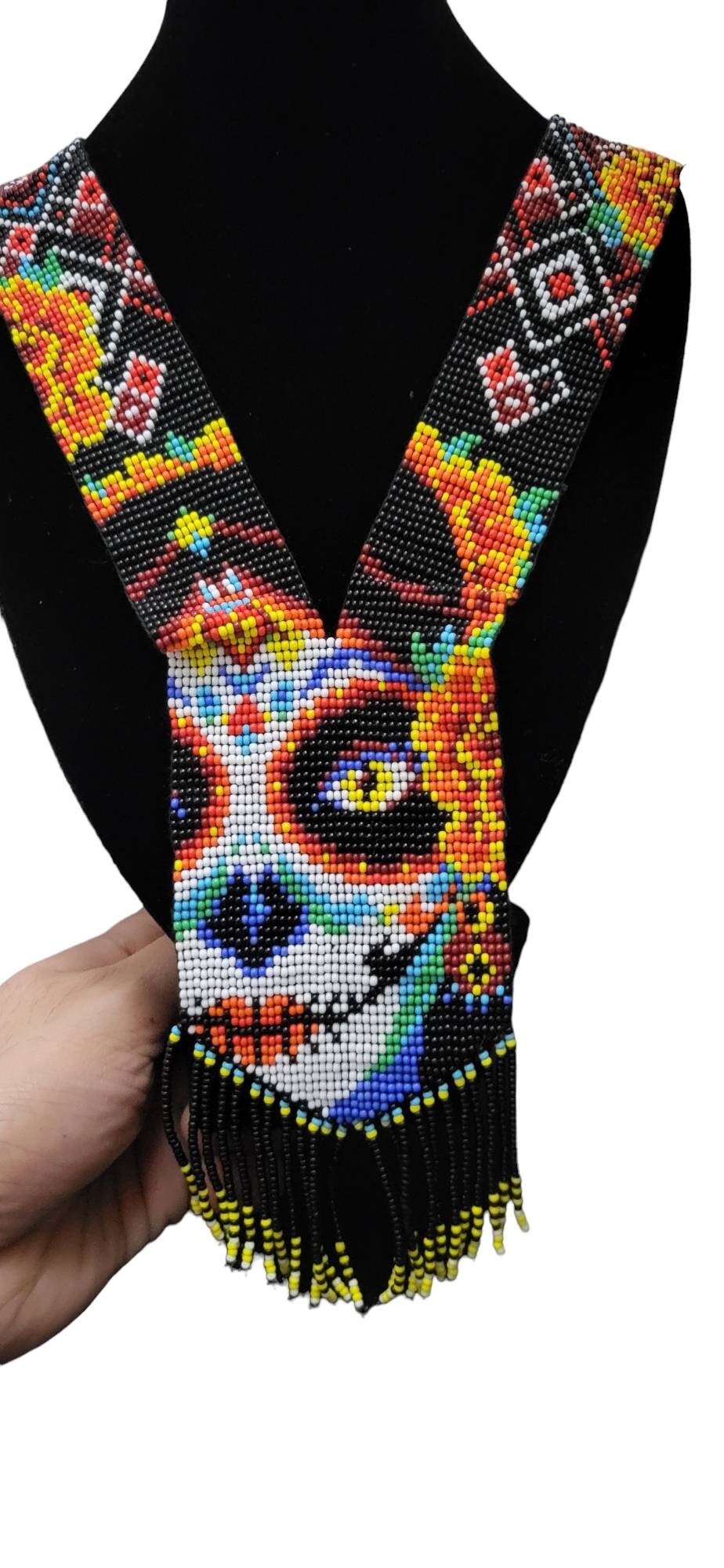 Handmade Seed Bead Sugar Skull Necklace with Earrings