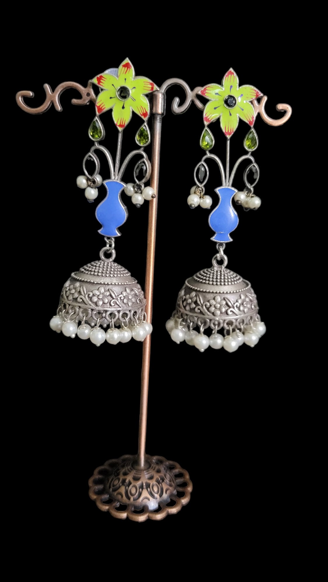 Oxidized Silver Plated Jhumka Earrings: Hand-Painted Floral Jewelry