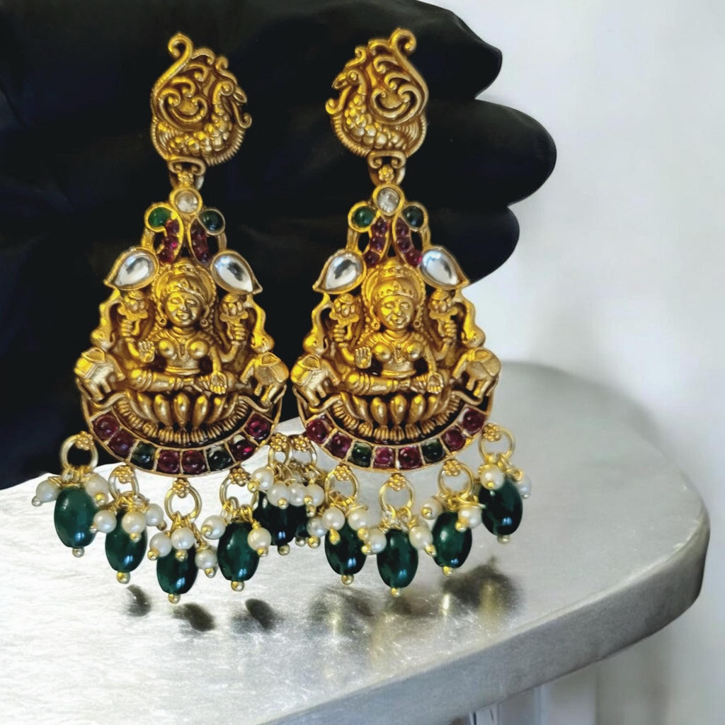 Gold Laxmi Temple Earrings: Kundan, Crystal Pearls & Green Beads