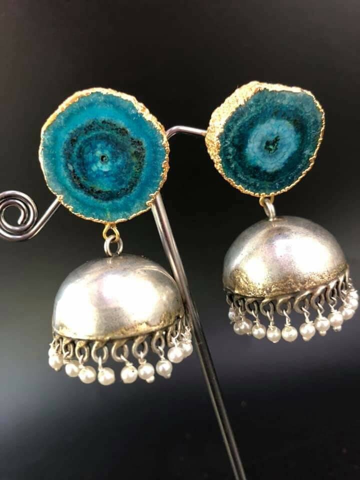 Srebrne kolczyki Jhumki: Kamień Turkusowy Druzy, Indyjska Biżuteria Boho