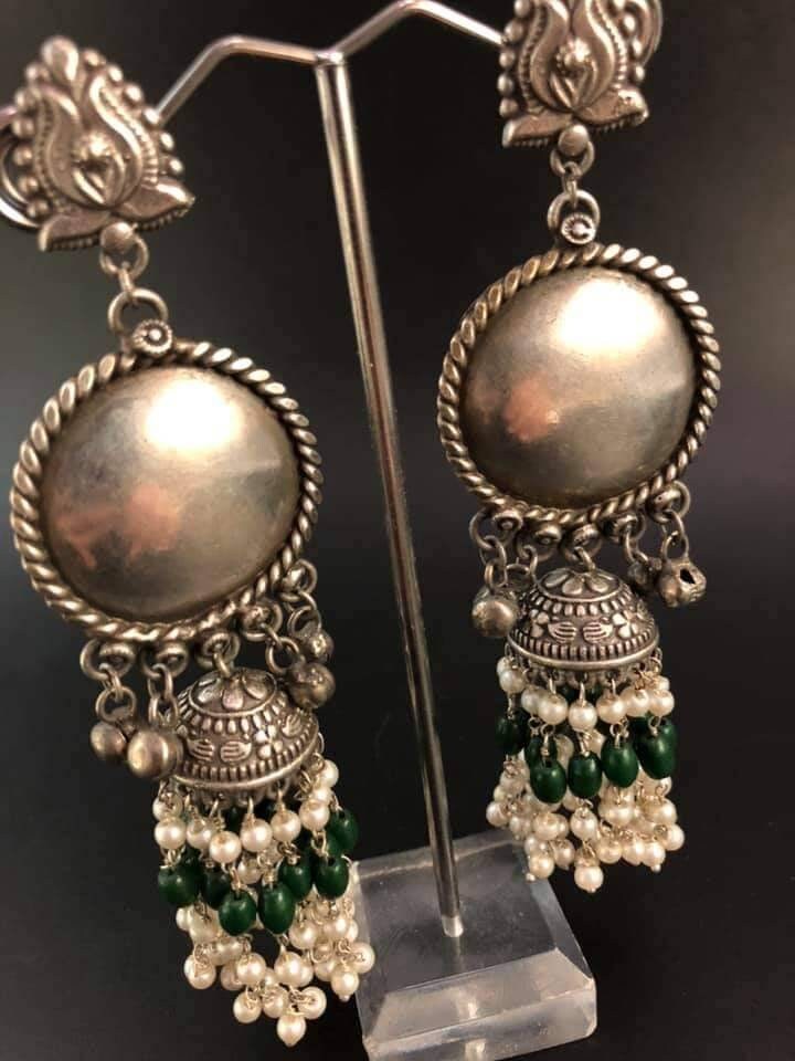 Silver Plated Jhumka Earrings: Floral Dome, Pearl & Bead Tassels
