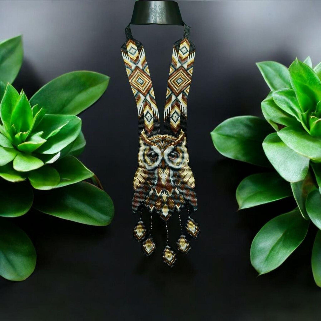 Handmade Beaded Owl Necklace: Long Statement Jewelry
